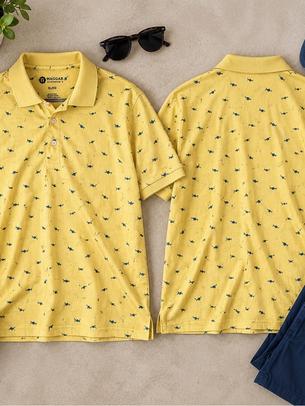 Haggar Clothing Co. Yellow Fish Print Polo Shirt Men’s XL